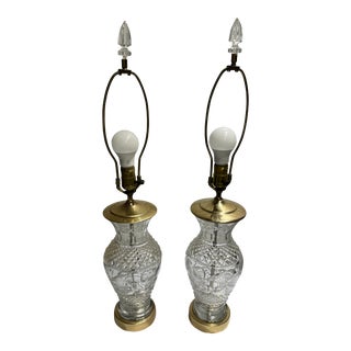 1960s Waterford Hollywood Regency Style Crystal & Polished Brass Table Lamps - a Pair For Sale