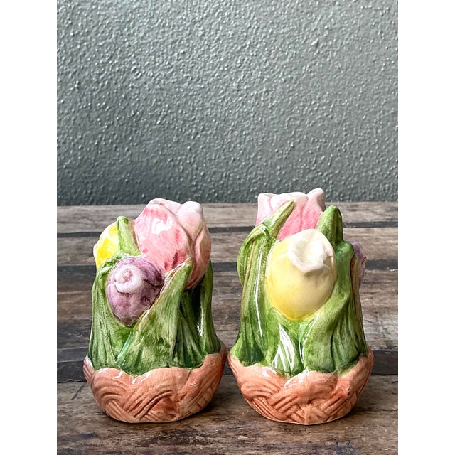 Vintage Glazed Ceramic Tulip Salt and Pepper For Sale - Image 4 of 12