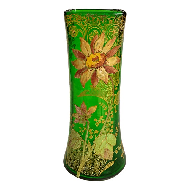 French Art Nouveau Belfort Vase in Enameled Emerald Green Glass by Legras Montjoye, 1900s For Sale