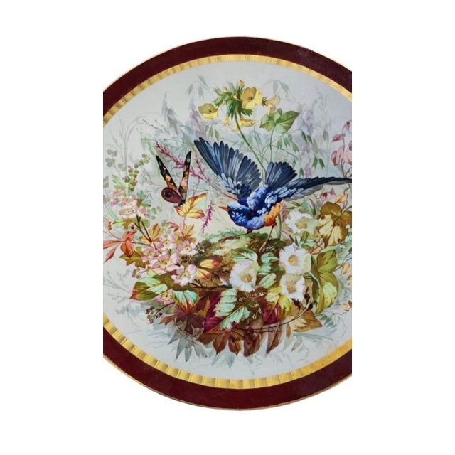 Large 19th Century Faience Platter Bird Hippolyte Boulenger Choisy Le Roi butterfly, blue bird and flowers. 15 inches...