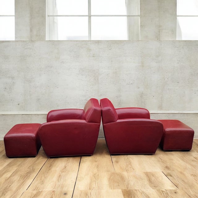 Stunning Pair of Vintage Italian Leather Club Chairs With Two Matching Ottomans by Cabot Wrenn For Sale - Image 4 of 12