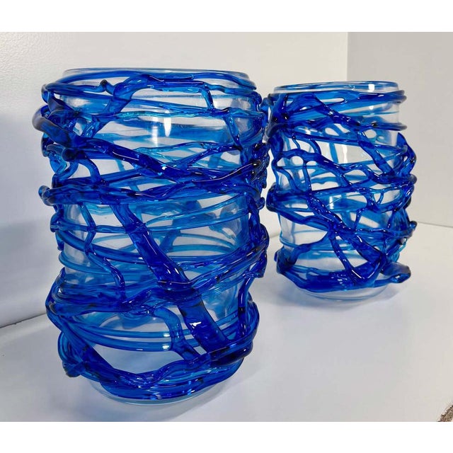 2000 - 2009 Italian Art Deco Style Cobalt Blue Murano Glass Vases by Cenedese, 2000s, Set of 2 For Sale - Image 5 of 9