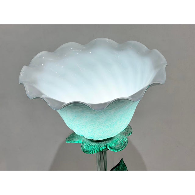 Metal Italian Design Modern Aquamarine Green Art Glass Lit Flower Vase/Table Lamp For Sale - Image 7 of 9