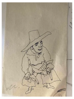 Mino Maccari, Self-Portrait in Gunslinger’s Suit, Pencil Drawing, 1970s