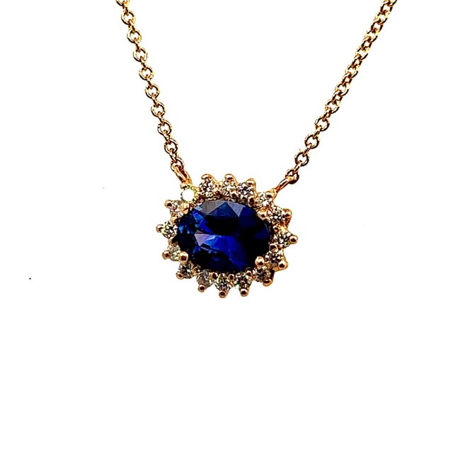 Natural Sapphire Diamond Halo Pendant With Chain 18" 14k YG 1.67 TCW Certified For Sale In New York - Image 6 of 15