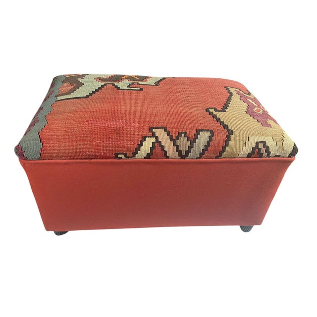 Custom Made Vintage Tribal Kilim Ottoman/Footstool 12.5" H For Sale - Image 9 of 9