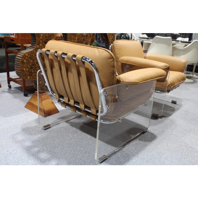 Tan Pair of Argenta Lucite Chairs in Leather Attributed to Pace Collection - 1970's For Sale - Image 8 of 10
