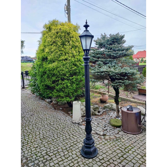 Art deco, tall lantern for the garden, dimensions: height 215 cm, height of the pole itself 165 cm, diameter at the base...
