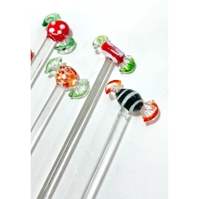 Mid-Century Modern 1980s Murano Style Hand Blown Glass Candy Swizzle Sticks – Set of 6 Cocktail Stirrers For Sale - Image 3 of 9