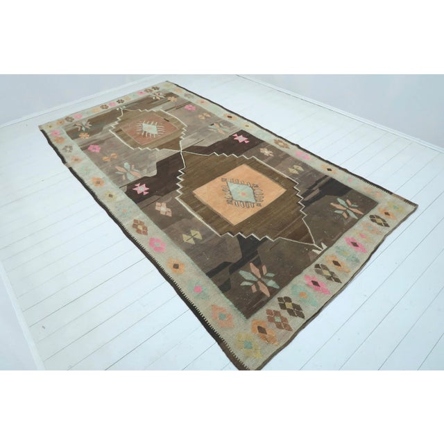 Boho Chic Vintage Turkish Kars Nomads Brown Kilim Rug For Sale - Image 3 of 13