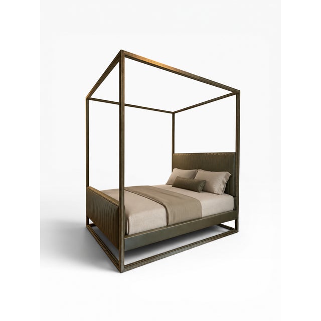 Frank Roop Queen Canopy Bed in Olive Green Leather and Alcantara With Nailhead Detail For Sale - Image 9 of 9