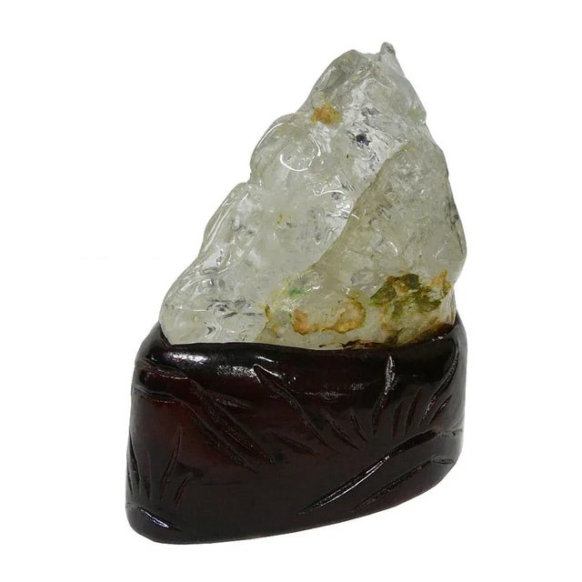 Natural Clear Crystal Hand Carved Goldfish Wave Display On Wood Stand For Sale - Image 5 of 7