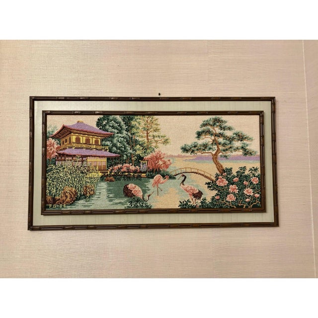 Vintage Needlepoint Chinoiserie Scene Wall Art For Sale - Image 4 of 7