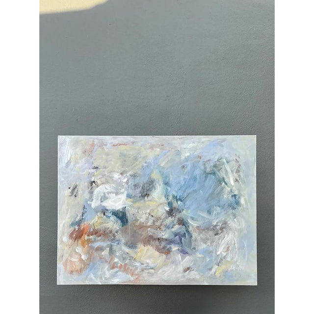 An intriguing vintage abstract oil painting on canvas, this piece captures the fluid dynamism characteristic of mid-20th...