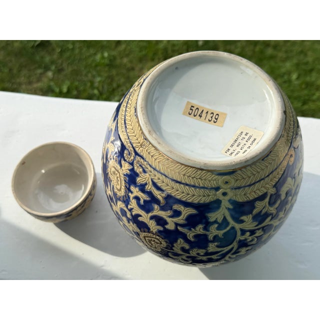 Mid Century Blue and Gold Porcelain Lidded Jar For Sale - Image 11 of 11