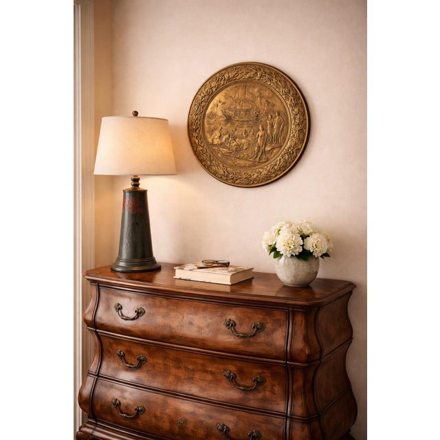 Vintage Embossed Brass Wall Charger With European Maritime Relief Scene — 14” Decorative Hanging Plate For Sale - Image 4 of 4