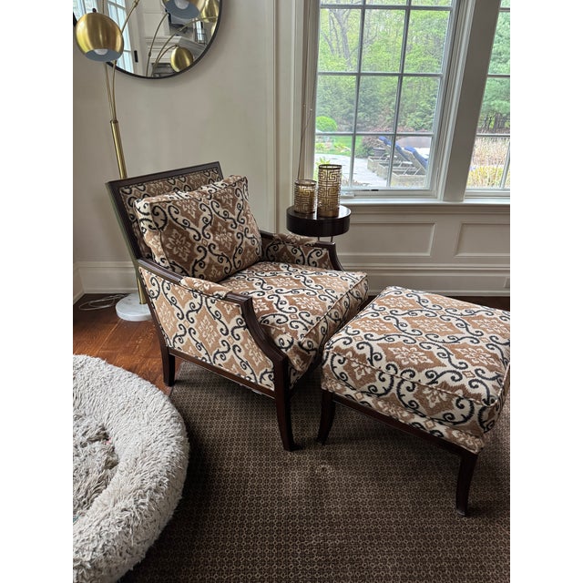 Modern Transitional Club Chair and Ottoman With Exposed Wood Frame For Sale - Image 4 of 5