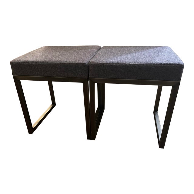 Pair of Desiron Blue Upholstered Stools With Steel Base For Sale