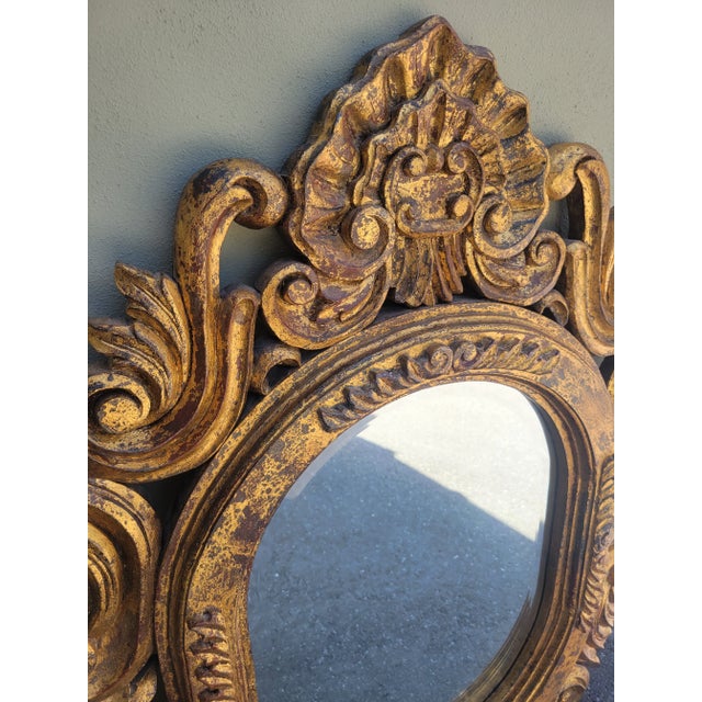 Vintage Large Solid Carved Wood Gold Gilt Oval Hollywood Regency Wall Mirror For Sale In West Palm - Image 6 of 8