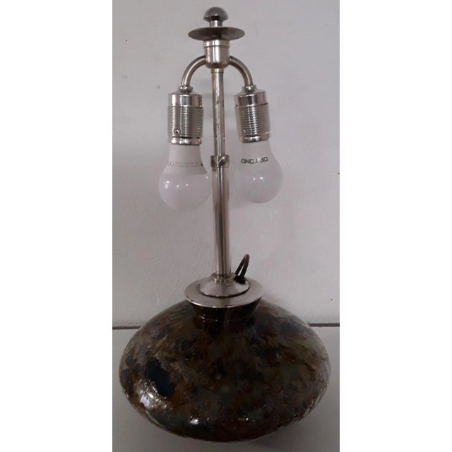Art Deco Table Lamp with Internally Illuminated Colored Glass Base, Silver Plated Brass Mount & Beige Parchment Shade, 1930s For Sale - Image 11 of 15