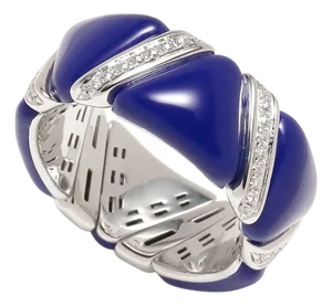Diamond Navy Blue Enamel Flexible Italian Eternity Band Unique White Gold Ring, Size 6