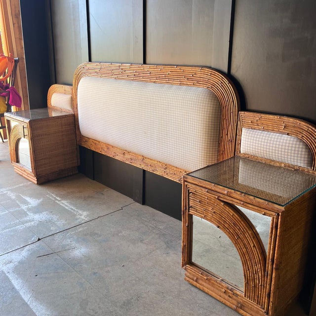Vintage bamboo framed headboard with inner cushioning with attached bedside tables with bamboo and mirrored bedside table...
