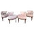 Set of four unique corner chairs in pink and purple upholstery. Framed on walnut wood with triangle backs.
