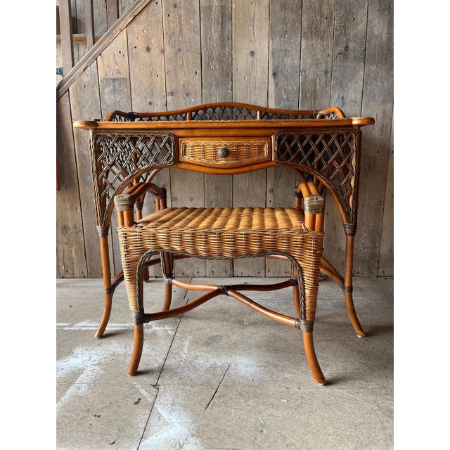 Wood Vintage Wicker Dressing Table with Matching Stool, Set of 2 For Sale - Image 7 of 7