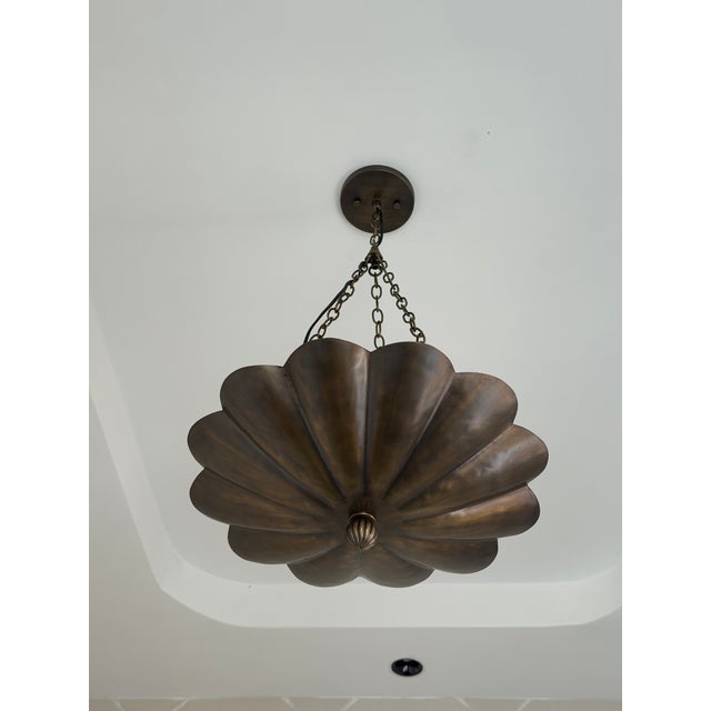 Art Nouveau Petal Pendant Light, Antique Brass Finish Solid Brass Flower Shade, 4 Light Hanging Fixture For Sale - Image 4 of 12