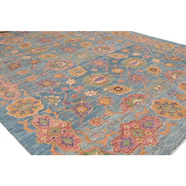 Oversize Blue Modern Oushak Handmade Wool Rug For Sale - Image 10 of 12