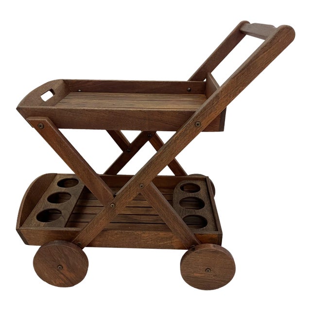 Vintage Teak 2-Tier Bar Cart on Wheels With Bottle Holders For Sale