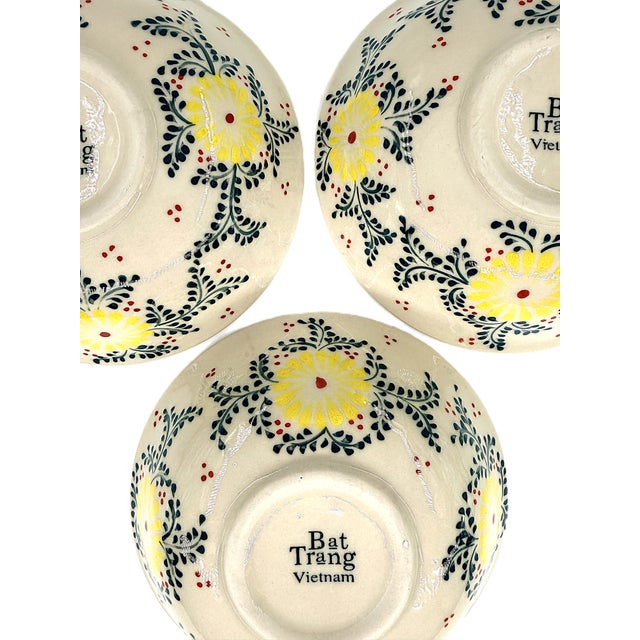 Asian Modern Bat Trang Vietnam Multipurpose Ceramic Bowls Hand Painted in Yellow Floral Motif - Set of 6 For Sale - Image 4 of 8