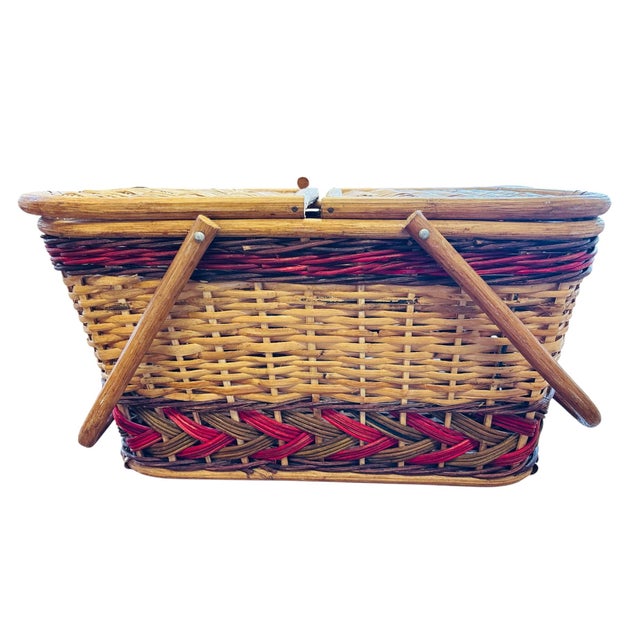 Vintage Wicker Picnic Basket With Grape Vine Motif & Folding Handles For Sale - Image 4 of 10