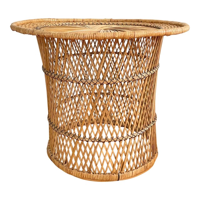 Boho Chic 1960 Ventage Woven Rattan Round Side Table For Sale - Image 3 of 3