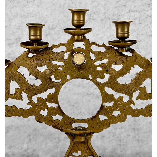 Vintage Hollywood Regency Chinese Brass Candelabra Candlestick Holder For Sale - Image 4 of 12