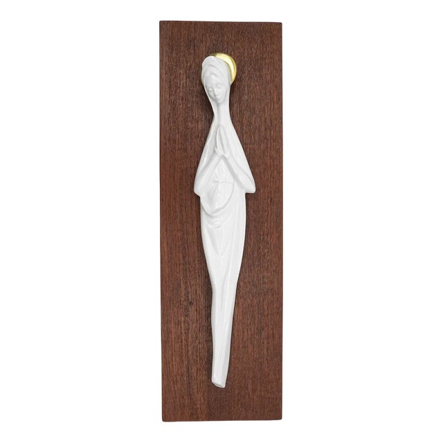 Scandinavian White and Molded Porcelain Madonna on Teak Panel, 1960s For Sale