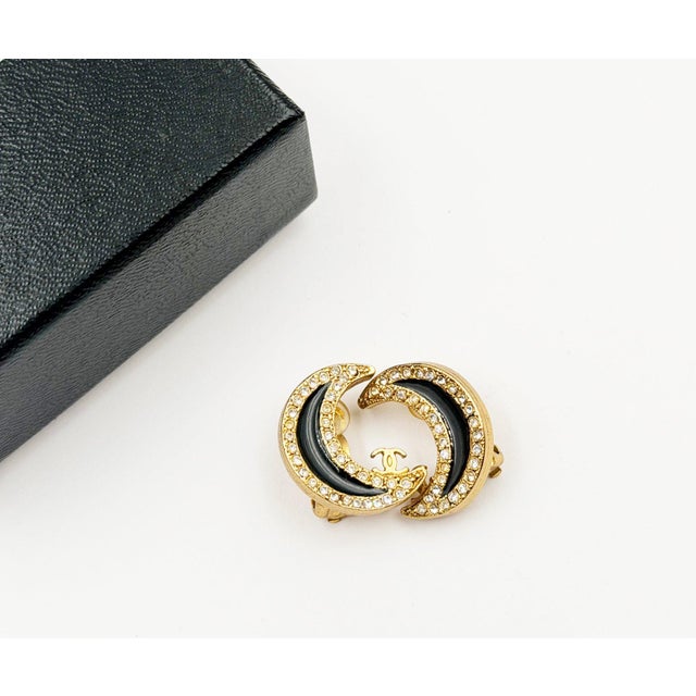 Chanel Chanel Vintage Gold Plated CC Black Moon Crystal Clip on Earrings, Pair For Sale - Image 4 of 5