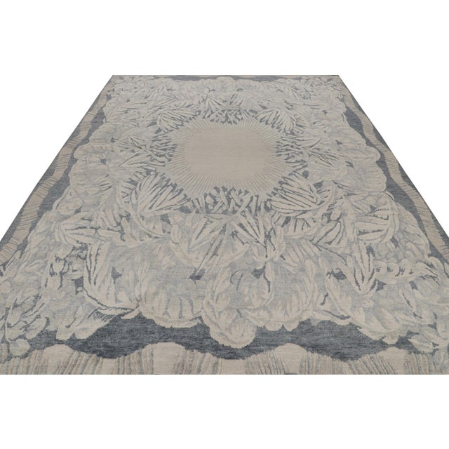 Art Deco Rug & Kilim’s French Style Art Deco rug in Blue, Grey & Beige Floral Patterns - 8x10 For Sale - Image 3 of 7