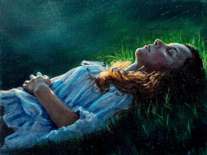 In a Dream by Sarah Warda | Oil on panel Painting of a woman lying on grass with closed eyes.