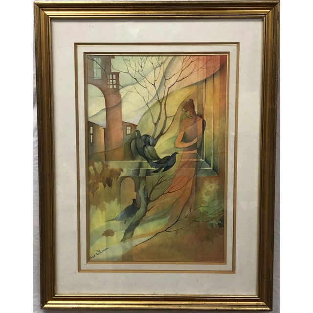 Woman and the Birds, Original Watercolor, Signed - 21" x 28"