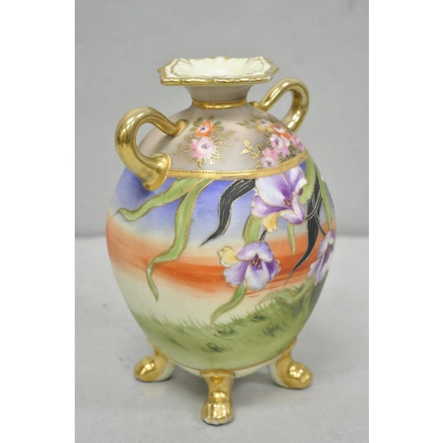 Antique Nippon Moriage Hand Painted Porcelain Purple Iris & Gold Gilt Vase Pair For Sale - Image 10 of 18