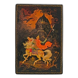 Russian Kholui Lacquer Box — Ruslan and the Head — Signed Gazaev 5.375" For Sale
