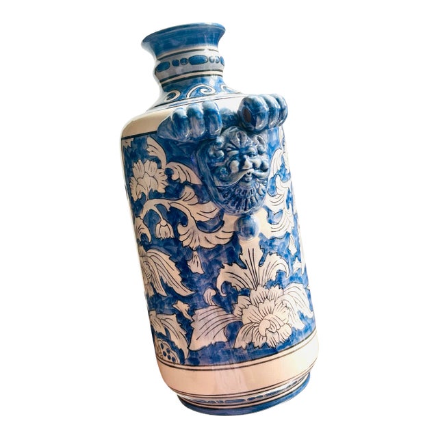 Vintage Chinoiserie Blue and White Floral Ceramic Vase With Lion Handle Details For Sale