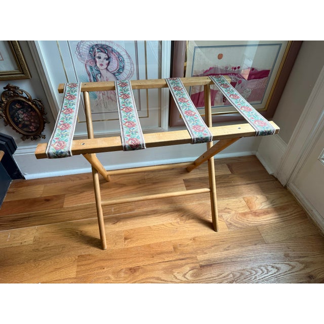 Wood Vintage Folding Luggage Rack / Quilt Stand With Floral Needlepoint Straps For Sale - Image 7 of 8
