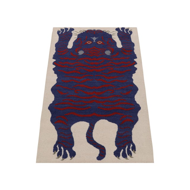 Rug & Kilim 2010s Rug & Kilim’s Tiger-Skin Rug in White With Blue & Red Pictorial For Sale - Image 4 of 7