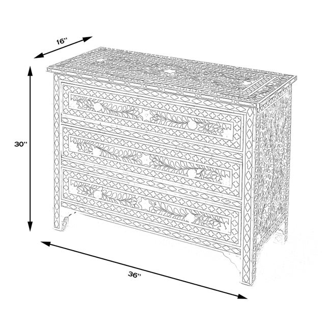 Sophisticated artistry and craftsmanship go into the detailed botanic and geometric pattern on the drawers, top and sides...