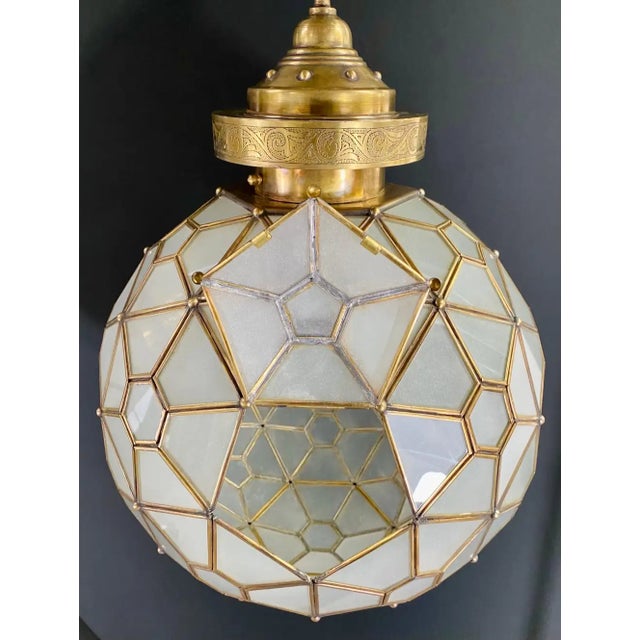 Art Deco Style Globe White Milk Glass & Brass Pendant Chandelier Lantern For Sale - Image 9 of 15