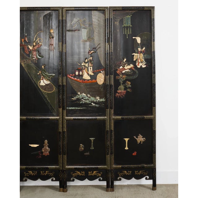 Chinese Export Four Panel Carved Soapstone Coromandel Screen For Sale - Image 4 of 12
