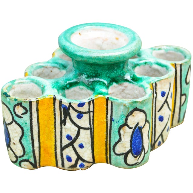 Antique handcrafted and glazed Moroccan ceramic inkwell with candleholder from Fez. Exhibits an ornate hand-painted...