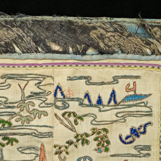 A colorful pair of joined robe sleeve panels from the 19th century that depict Chinese beauties in a garden with...